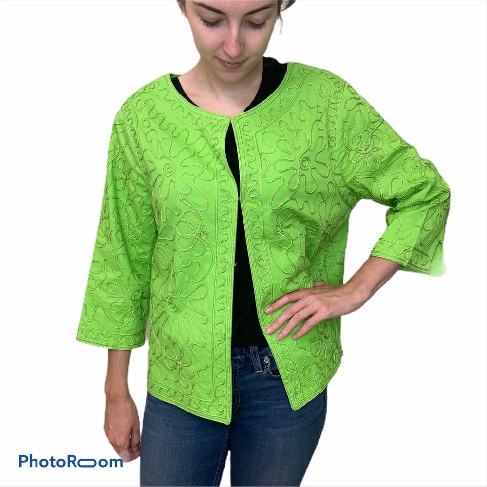 Y2K Joni B Women’s Vintage Neon Acid Green Embellished Open Cardigan Jacket